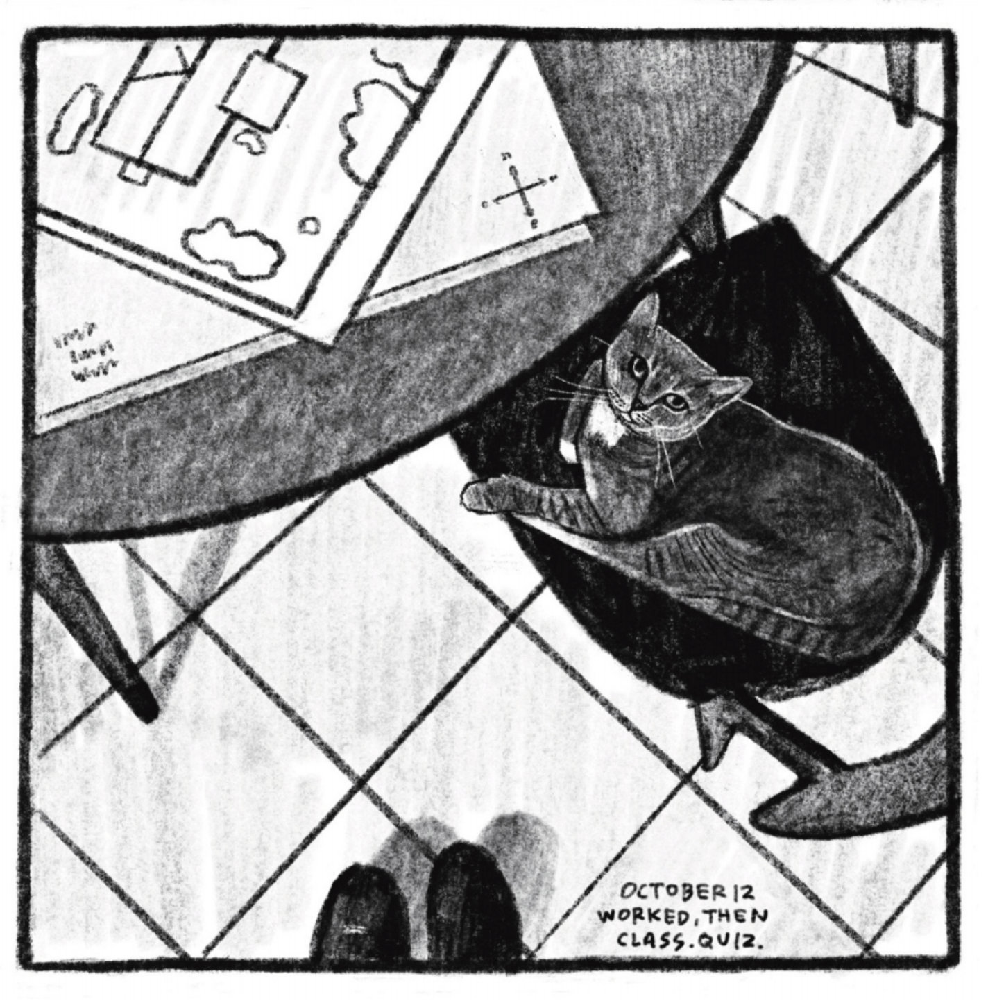 Another view from Kimâ€™s POV: We are looking down at a table spread with maps, and her cat who is lying in a chair at the table and looking up at her. â€œOctober 12. Worked, then class. Quiz.â€
