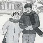 In the gray and white of Lynn's near-present day, Lorraine holds onto James's arm as they walk on a path from a house blanketed in snow. They are dressed in hats, scarves, and winter coats.