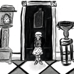 First-grader Emily, wearing her skirt and hat, stands in the doorway of a museum room. To the left is a grandfather clock; to the right is a large piece of decorative pottery. The floor is a black and white checkered tile.