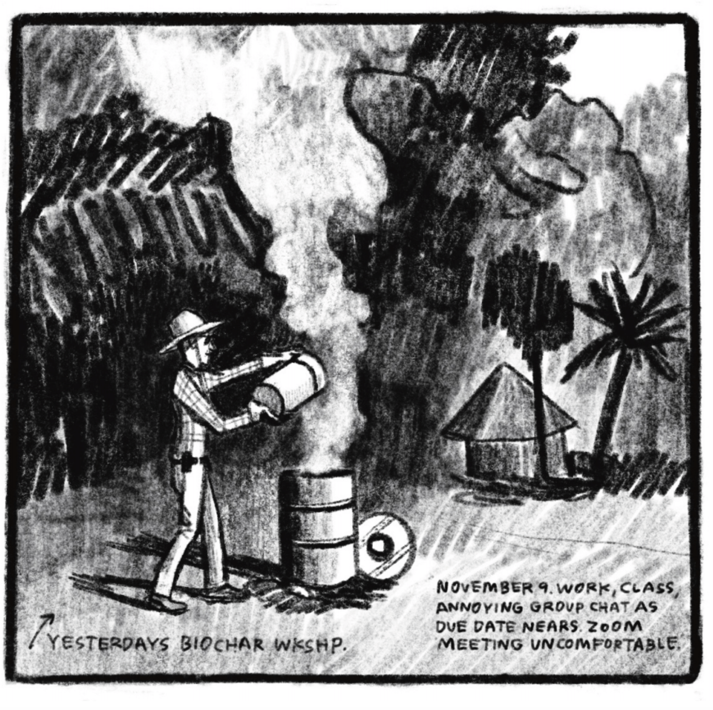 Outside in a field surrounded by trees and a hut-like building off in the distance, a man is pouring something from a canister into a large cylindrical vessel that is blowing off lots of smoke or steam. The man is wearing a safari sunhat, sunglasses, a flannel long-sleeve shirt, and long pants with a walkie-talkie strapped to his belt. Kim identifies the scene as â€œyesterdayâ€™s biochar workshop.â€ She then writes, â€œNovember 9. Work, class, annoying group chat as due date nears. Zoom meeting uncomfortable.â€