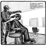 Enzo is getting his hair cut; both he and the barber are wearing masks for Covid. Enzo is wearing a barber cape, jeans, and sneakers; the barber is wearing an apron over a t-shirt and pants. “October 21. Wrote a paper for civic engagement. Cleaned, had class. Enzo got a haircut.”