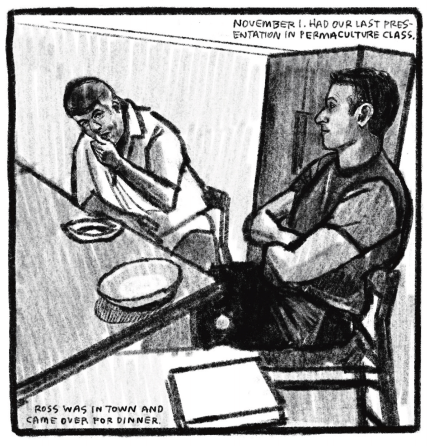 Tony and another man around his age or older are sitting at the kitchen bar in high stools, dressed casually. There are empty shallow bowls placed in front of them. Tony is crossing his arms and smiling knowingly at the other man. The man is leaning forward, resting on his elbow and smiling at the camera/reader. â€œNovember 1. Had our last presentation in permaculture class. Ross was in town and came over for dinner.â€