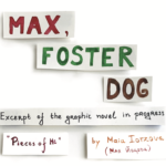 In three different strips of paper and different color markers, the title: “Max, Foster Dog.” In another, with hand-drawn serif lettering: “Excerpt of the graphic novel in progress.” “Pieces of Me” “by Maia Iotzova (same name, in Cyrillic alphabet)”