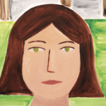 A close-up of Maia's face with a neutral expression, looking directly at the reader. She has a brown bob and green eyes.