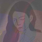 Christa places her hands over her chest in mourning and cries quietly, tears streaming down her face, eyes closed and head tilted slightly. Two other versions of this image are refracted in the background along with a slight iridescent effect.