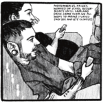 Two people are lounging back on a couch, holding remote controllers and looking ahead, presumably at a TV or monitor. One of them has tattoos, gauges, a nose ring, and facial hair; the other has their hair tied back in a ponytail. Someone is in the background, possibly Kim or her mom, heading off-panel. “November 25. Friday. Worked on school assignments until 5 a.m. and David came over. We all went to mom’s (played Jackbox and ate Chinese).”