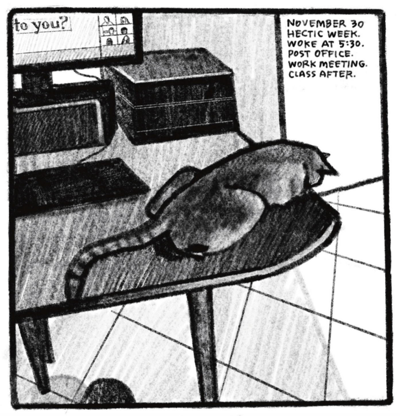 A cat lies on top of a work desk, head leaning over the edge and looking down at the floor. The computer monitor is mostly cut off, but shows a screen share presentation and a small grid of faces to the right, like in a Zoom meeting. â€œNovember 30. Hectic week. Woke at 5:30. Post office. Work meeting. Class after.â€