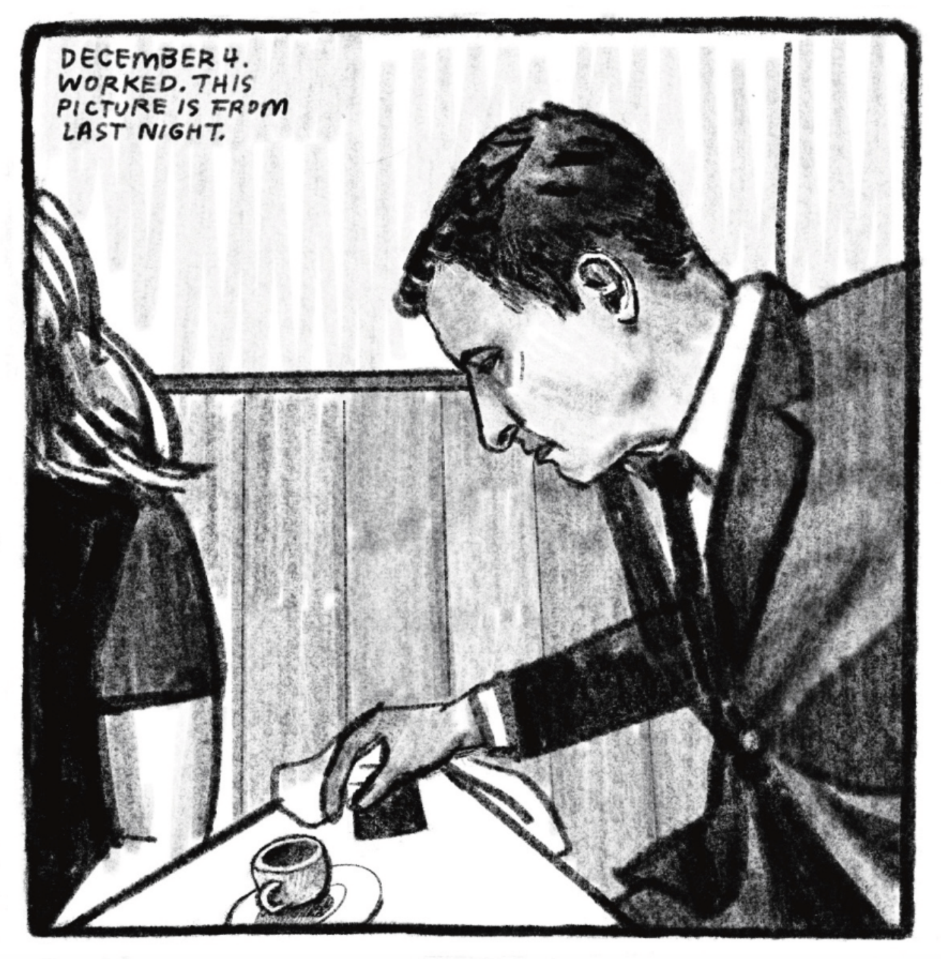 Tony is leaning over a table, reaching for a tiny tea cup. He is dressed in a suit and tie. Kimâ€™s arm and hair are visible to the left, mostly cutoff from the panel. â€œDecember 4. Worked. This picture is from last night.â€