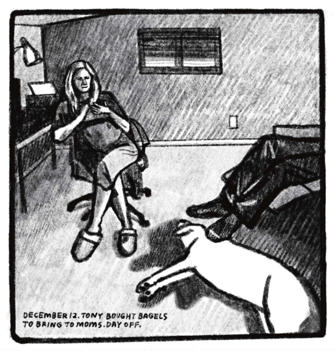 Kim is sitting one leg over the other in an office swivel chair, looking at her phone. Someoneâ€™s legs extend from the couch at the side of the panel, the rest of their body off-panel. One foot rests on Kimâ€™s dog lying on the ground. â€œDecember 12. Tony bought bagels to bring to momâ€™s. Day off.â€