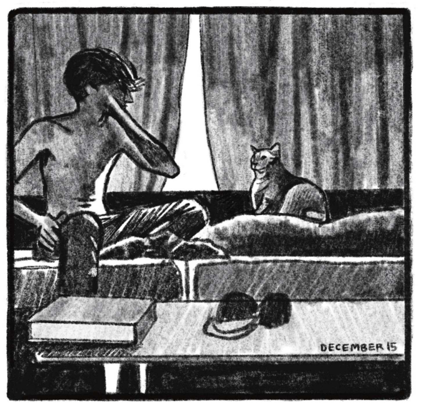 Enzo is sitting up shirtless on the couch, or a bench, in front of a window, looking at a cat to his left. The curtains are mostly closed except for a wedge of light coming through. A book and a pair of headphones are sitting on a coffee table in the foreground. â€œDecember 15.â€