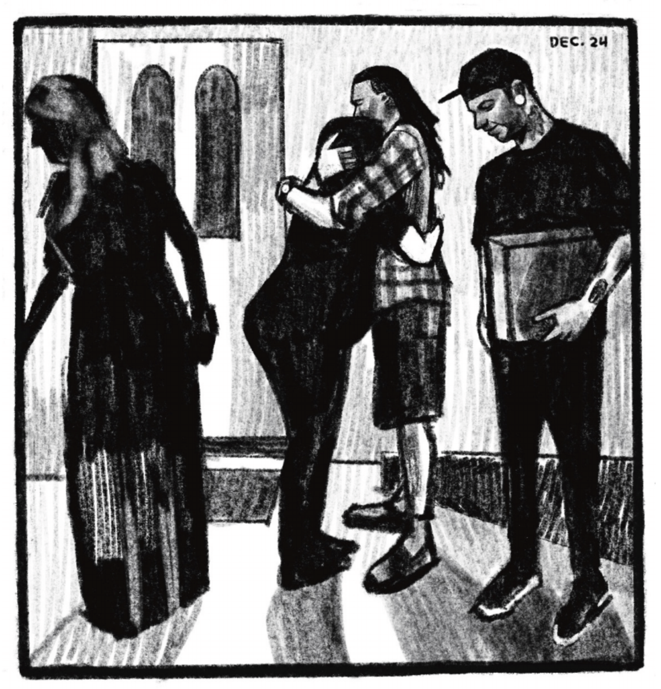 Four people stand by the entryway of a house; one of them, silhouetted, looks like Kimâ€™s mom. Two embrace by the door; another stands nearby holding a package. â€œDecember 24.â€
