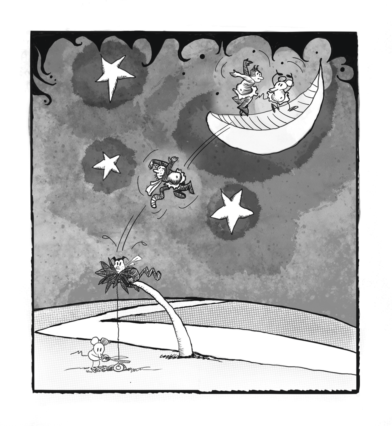 Ignatz launches Krazy from a palm tree onto the crescent moon in the sky, where they dance together in tutus