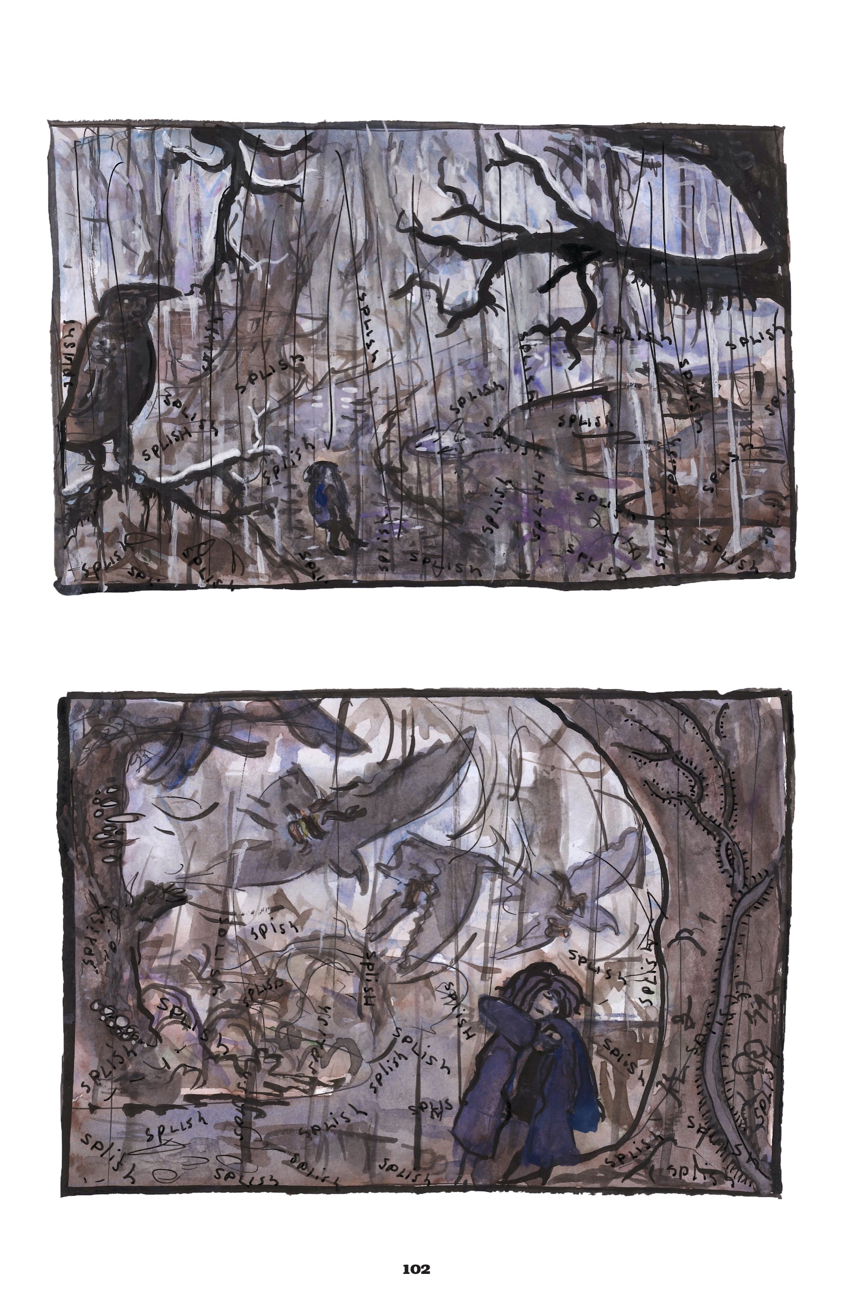 The page is divided horizontally into two panels with a large gutter between them.

1. A scene of the woods. A crow is perched on a branch in the foreground. Other branches frame the landscape, a wooded path covered with puddles from the ongoing rain. Onomatopoeias are camouflaged in the landscape: â€œSplish splish splish splish splishâ€
2. A human figure is now walking through the woods, wearing a purple hooded raincoat. They have shoulder length slightly wavy brown hair. They are framed by two trees on either side, and in the background are multiple shots of the same bird flying across the panel. The splishes continue dotting the scene.