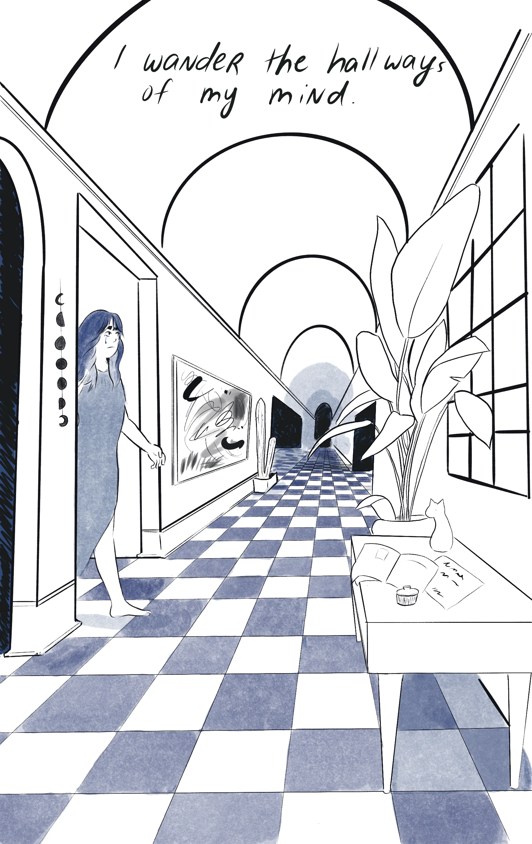 “I wander the hallways of my mind.”
Rachel is walking through a threshold into a hallway with blue and white checkered tiles and a rounded ceiling. There are potted plants and artworks decorating the space. Tears are still streaming down their face.
