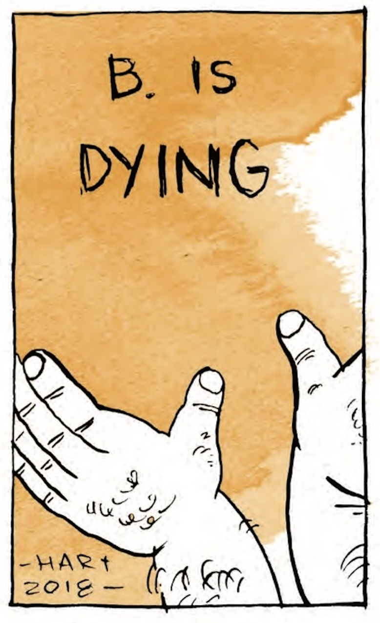 â€œB. is Dying - Hart 2018â€ Two hairy hands touch the ground. 