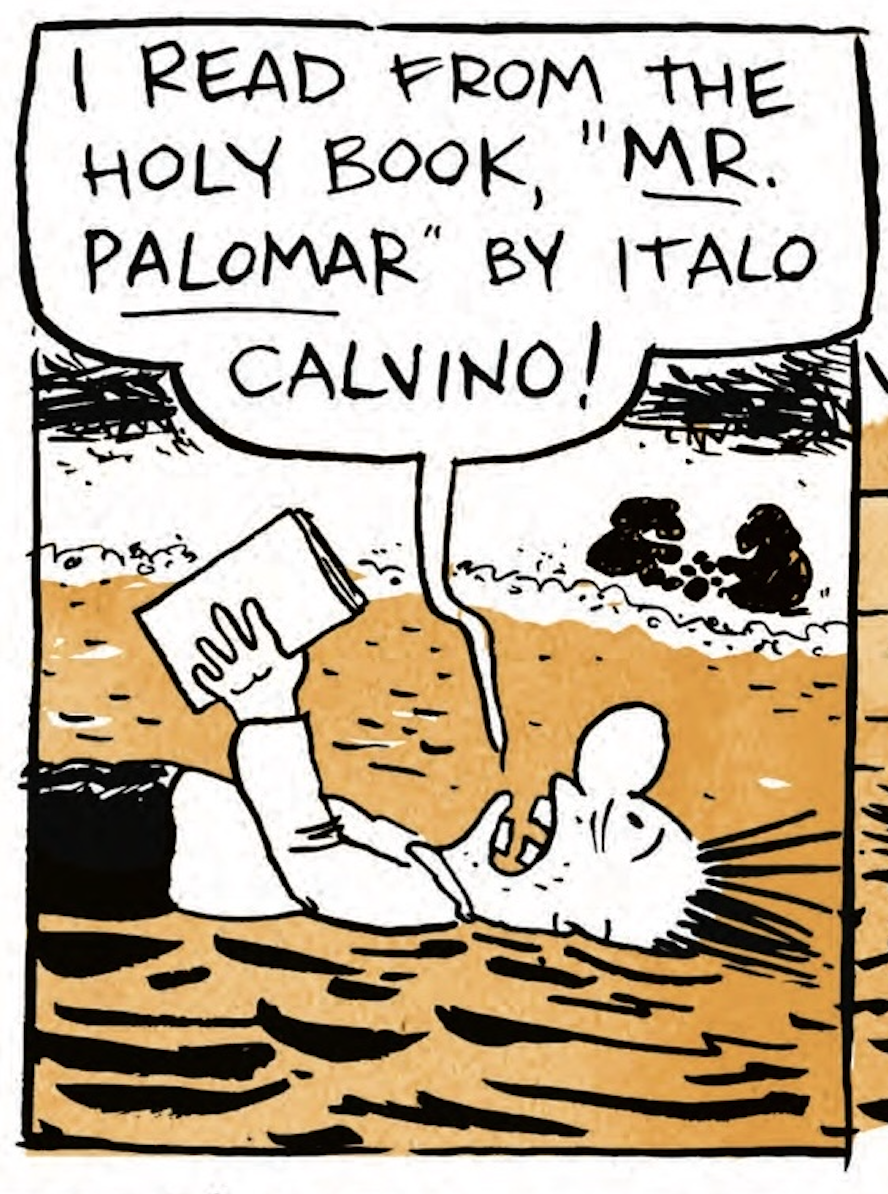 B is floating on his back on the water, holding a book in his hand. He shouts, â€œI read from the holy book, â€˜MR. PALOMARâ€™ by Italo Calvino!â€