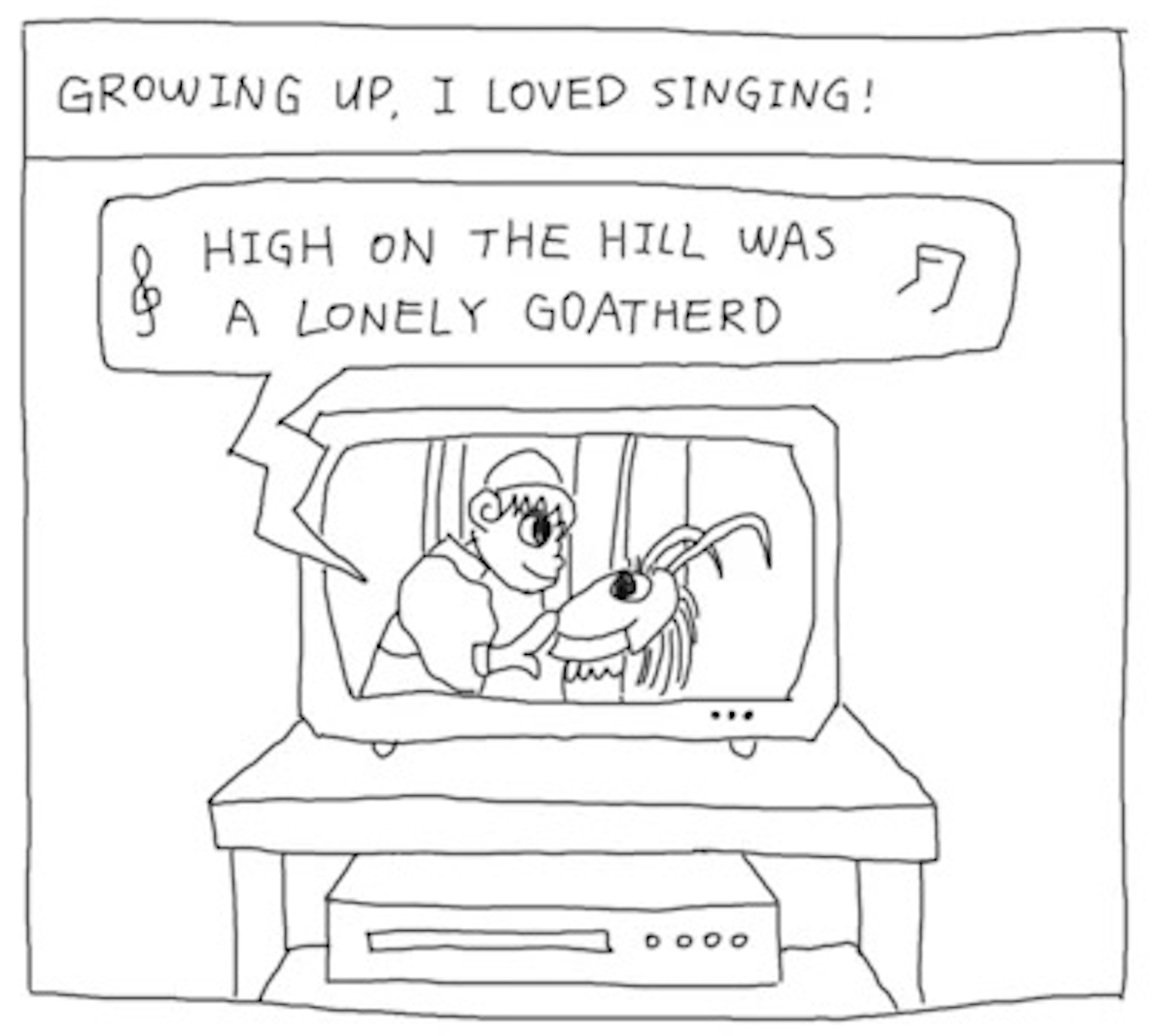 â€œGrowing up, I loved singing!â€
The marionette scene from The Sound of Music is playing on the TV: â€œHigh on the hill was a lonely goatherdâ€