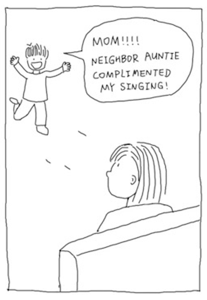 The child comes running with their arms open, smiling widely and shouting to a woman with straight hair and bangs: â€œMOM!! Neighbor Auntie complimented my singing!â€