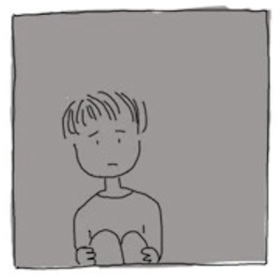 The child sits in a now-dark panel, looking sad, hands on their knees pulled up to their chest.