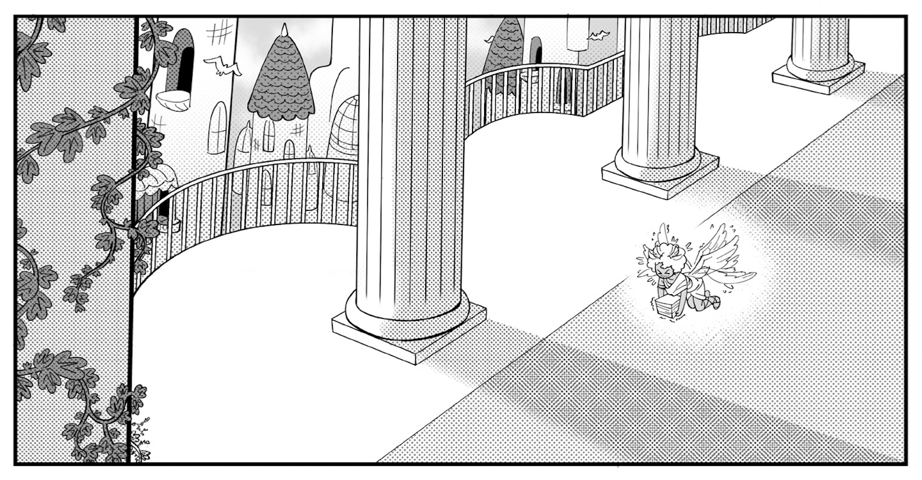 A black and white panel of the angel figure struggling to carry a stack of papers in an outdoor columned courtyard.