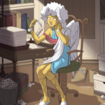 A young-adult angel with golden skin, blank white eyes without pupils or irises, a stark white afro hair-style, and white feather wings sits at a table looking at one of their feathers. They are wearing a blue and white toga-like tunic and gladiator sandals. They have an air of ennui about them.