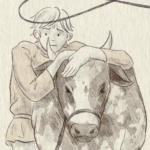 A young boy hugs the horns of a cow. He looks distressed.
