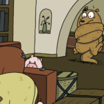 A yellow figure is passed out on the couch belonging to Avery and Bob. Bob is crouched behind the arm of the couch, and Avery is hugging themself in the doorway, looking terrified.