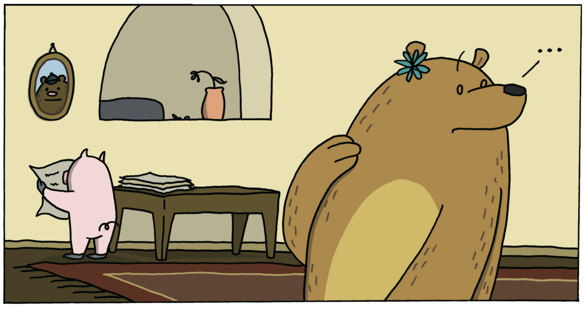 The pig is at a table reading a paper, while Avery the bear notices something off panel. 