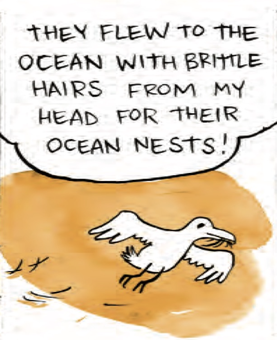 A seagull flies in the sky, with hair in its beak. Off panel, B says, â€œThey flew to the ocean with brittle hairs from my head for their ocean nests!â€