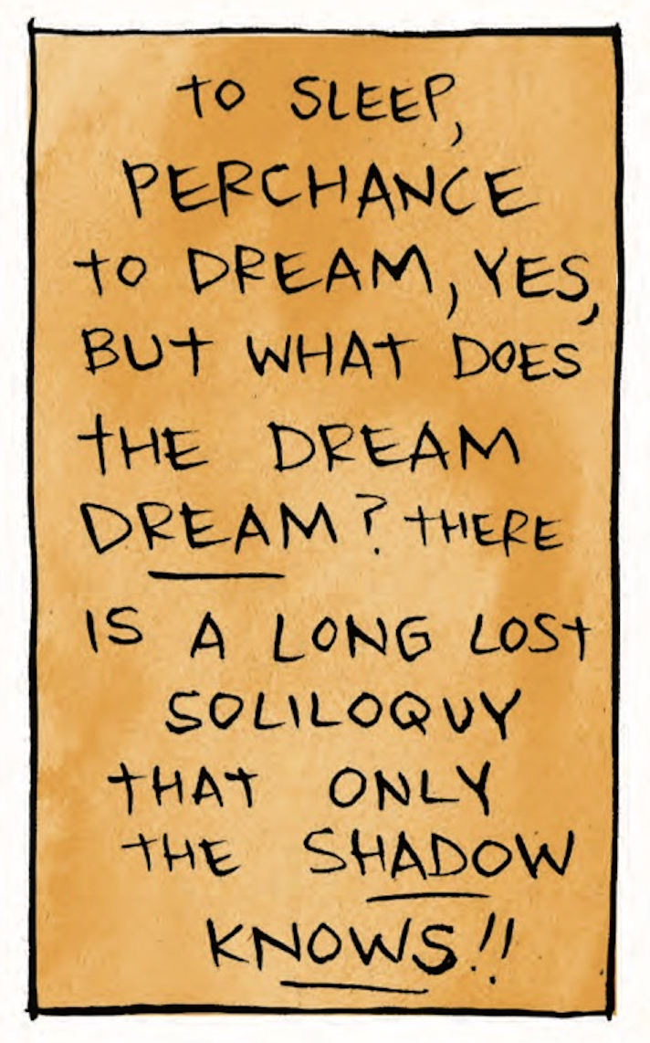 â€œTo sleep, perchance to dream, yes, but what does the dream DREAM? There is a long lost soliloquy that only the SHADOW knows!â€