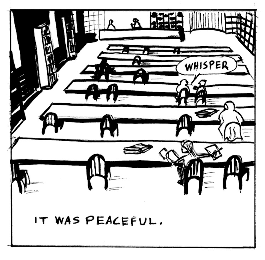 â€œIt was peaceful.â€ People whisper at long library tables.