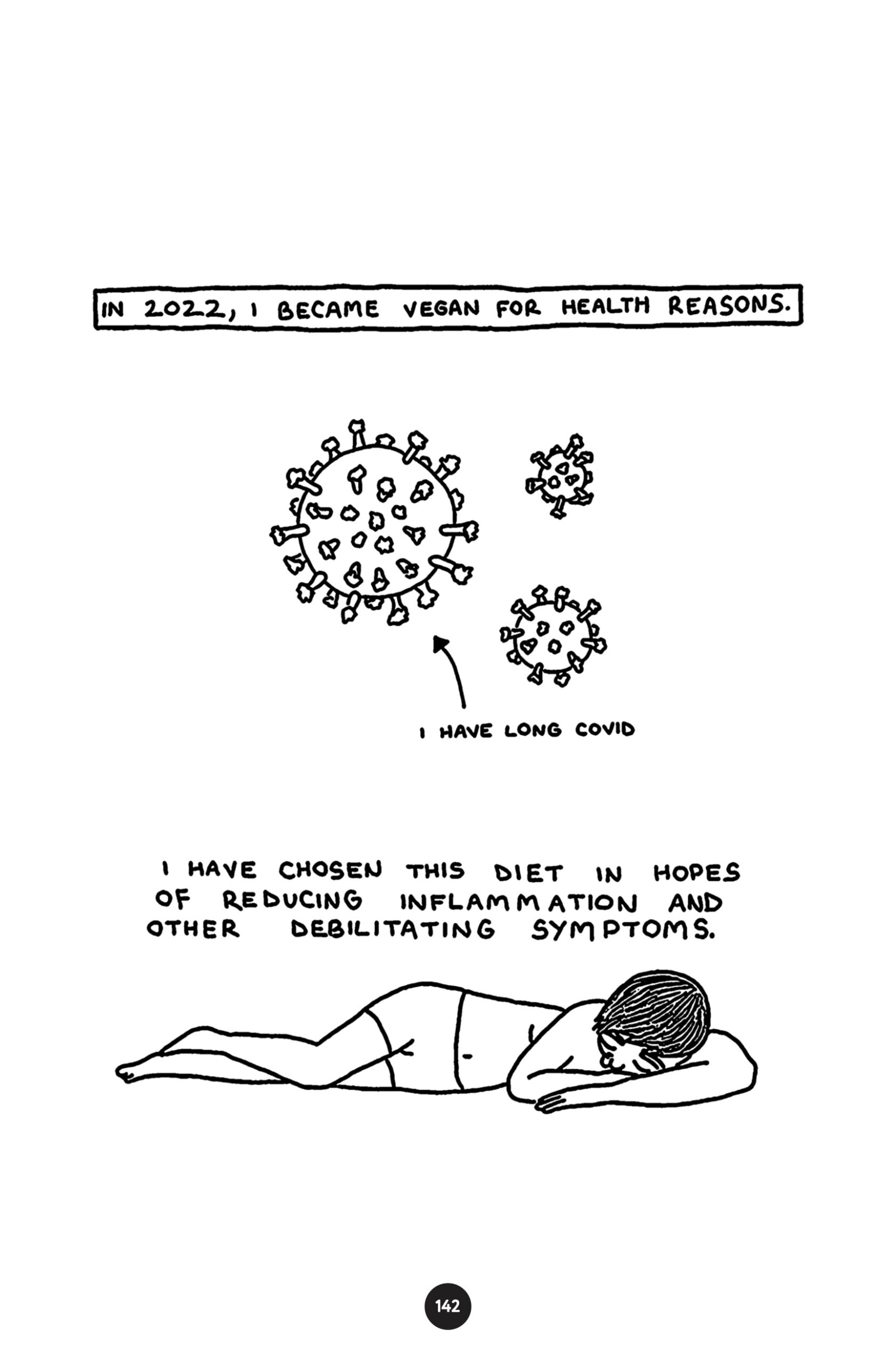 â€œIn 2022, I became vegan for health reasons. I have long covid.â€ A cluster of viruses â€œI have chosen this diet in hopes of reducing inflammation and other debilitating symptoms.â€ Cowboy Rocky is lying down with their head resting on their arms.