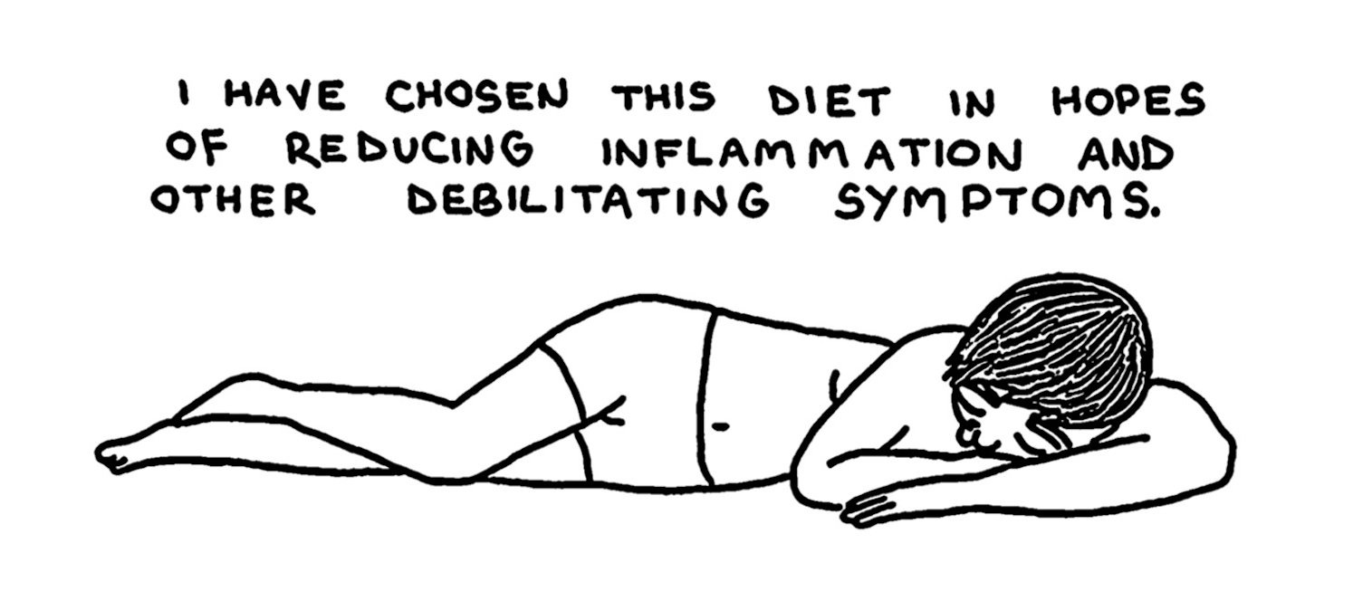 â€œI have chosen this diet in hopes of reducing inflammation and other debilitating symptoms.â€ Cowboy Rocky is lying down with their head resting on their arms. 