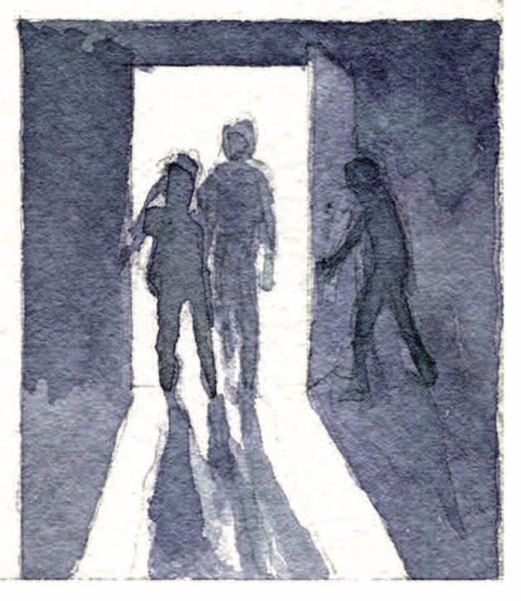 Three silhouettes walk through a doorway. 