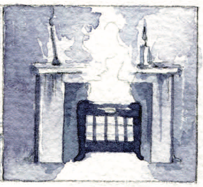 A fireplace.