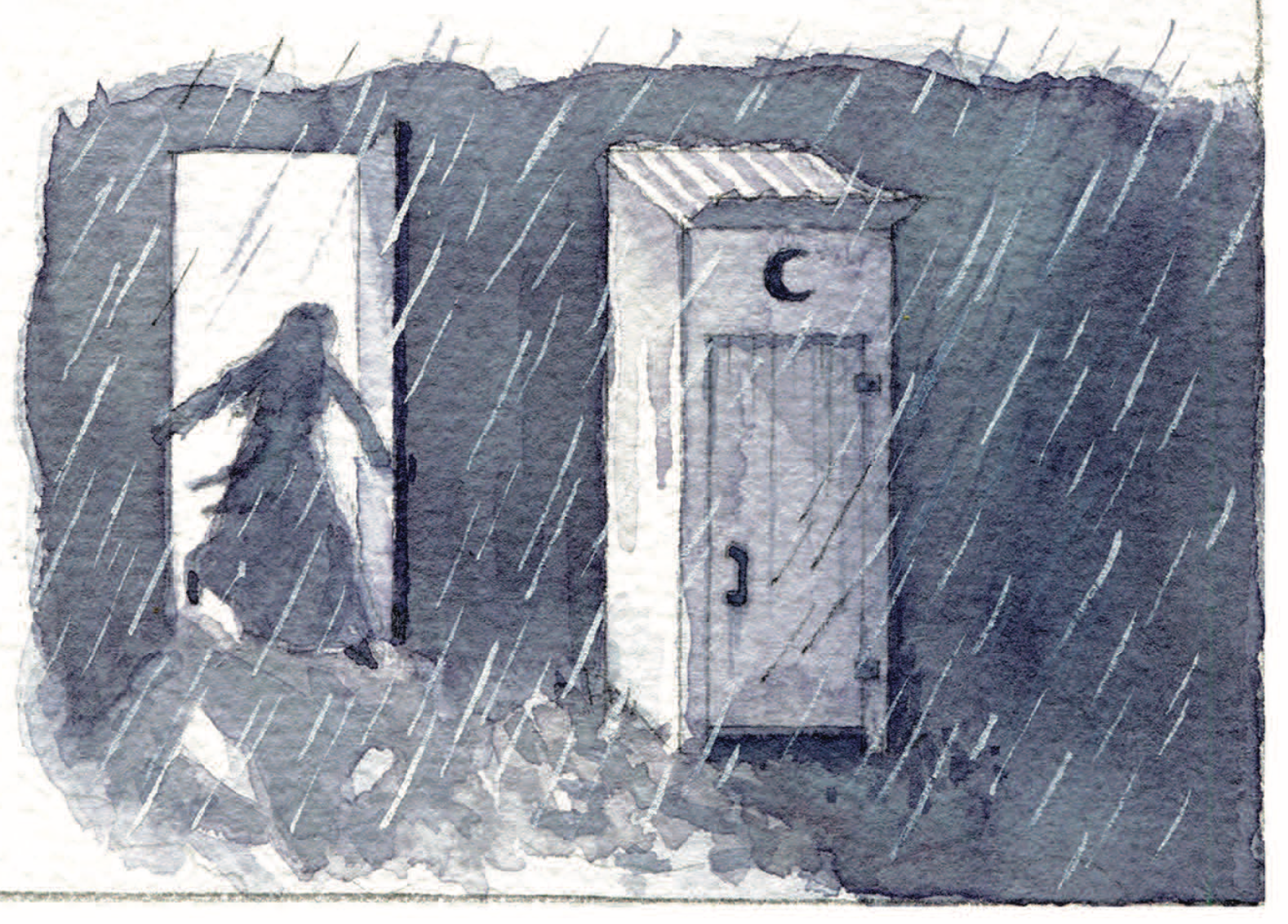 A woman runs through a doorway headed for an outhouse in heavy rain.