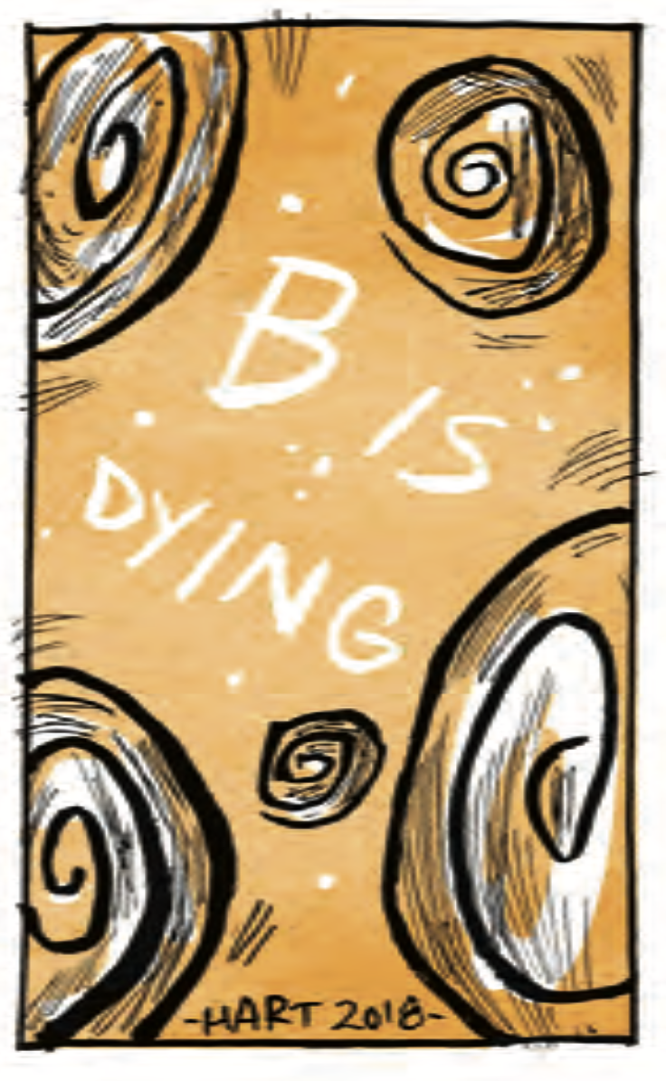 â€œB is dying, hart 2018â€ The text is surrounded by five spiral orbs