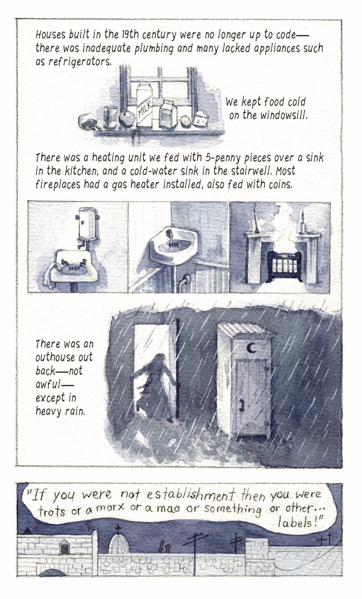 â€œHouses built in the 19th century were no longer up to codeâ€”there was inadequate plumbing and many lacked appliances such as refrigerators. We kept food cold on the windowsill. There was a heating unit we fed with 5-penny pieces over a sink in the kitchen, and a cold-water sink in the stairwell. Most fireplaces had a gas heater installed, also fed with coins.â€ A heating unit. A sink. A fireplace. â€œThere was an outhouse out backâ€”not awfulâ€”except in heavy rain.â€ A woman runs through a doorway headed for an outhouse in heavy rain. â€œâ€˜If you were not establishment then you were trots or a marx or a man or something or otherâ€¦labels!â€™â€