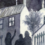 Three silhouettes stand outside of a house at night; someone stands in the window.