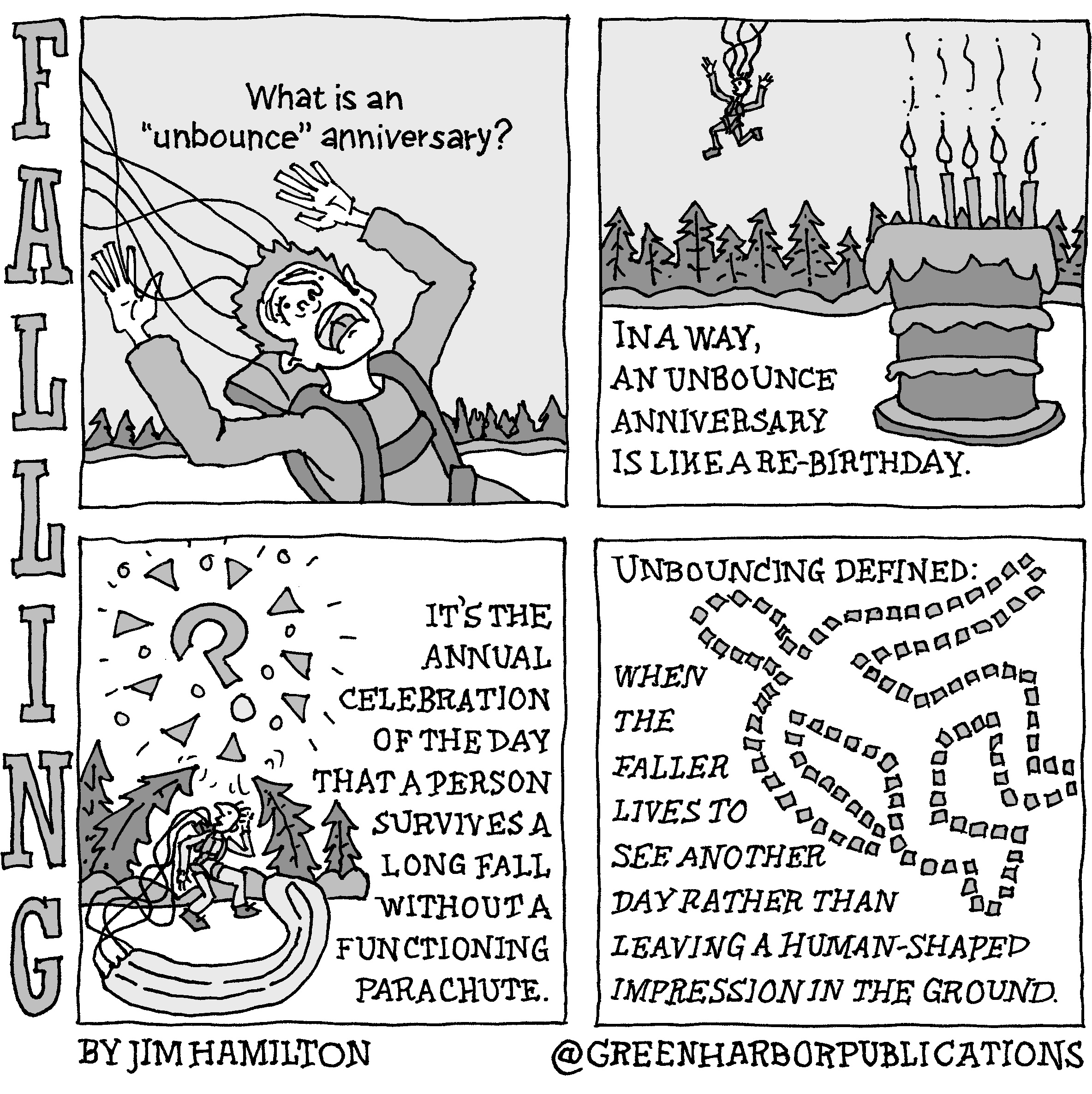 Panel 1:
The question â€œWhat is an â€œunbounceâ€ anniversary?â€ appears above a drawing of a skydiver who is screaming because his parachute has not opened.
Panel 2:
The answer begins: â€œIn a way, an unbounce anniversary is like a re-birthday.â€ The falling skydiver heads towards the ground near some trees. To his right sits a layer cake with five burning candles on it. 
Panel 3:
At the left, with a giant question mark above his head, the skydiver is surrounded by bent trees that appear to have softened his fall. He appears uninjured. The test reads as follows: â€œItâ€™s the annual celebration of the day that a person survives a long fall without a functioning parachute.â€
Panel 4: 
The text â€œUnbouncing definedâ€ appears above a chalk-style outline of a human body. The text below provides an â€œunbouncingâ€ definition: â€œWhen the faller lives to see another day rather than leaving a human-shaped impression in the ground.â€