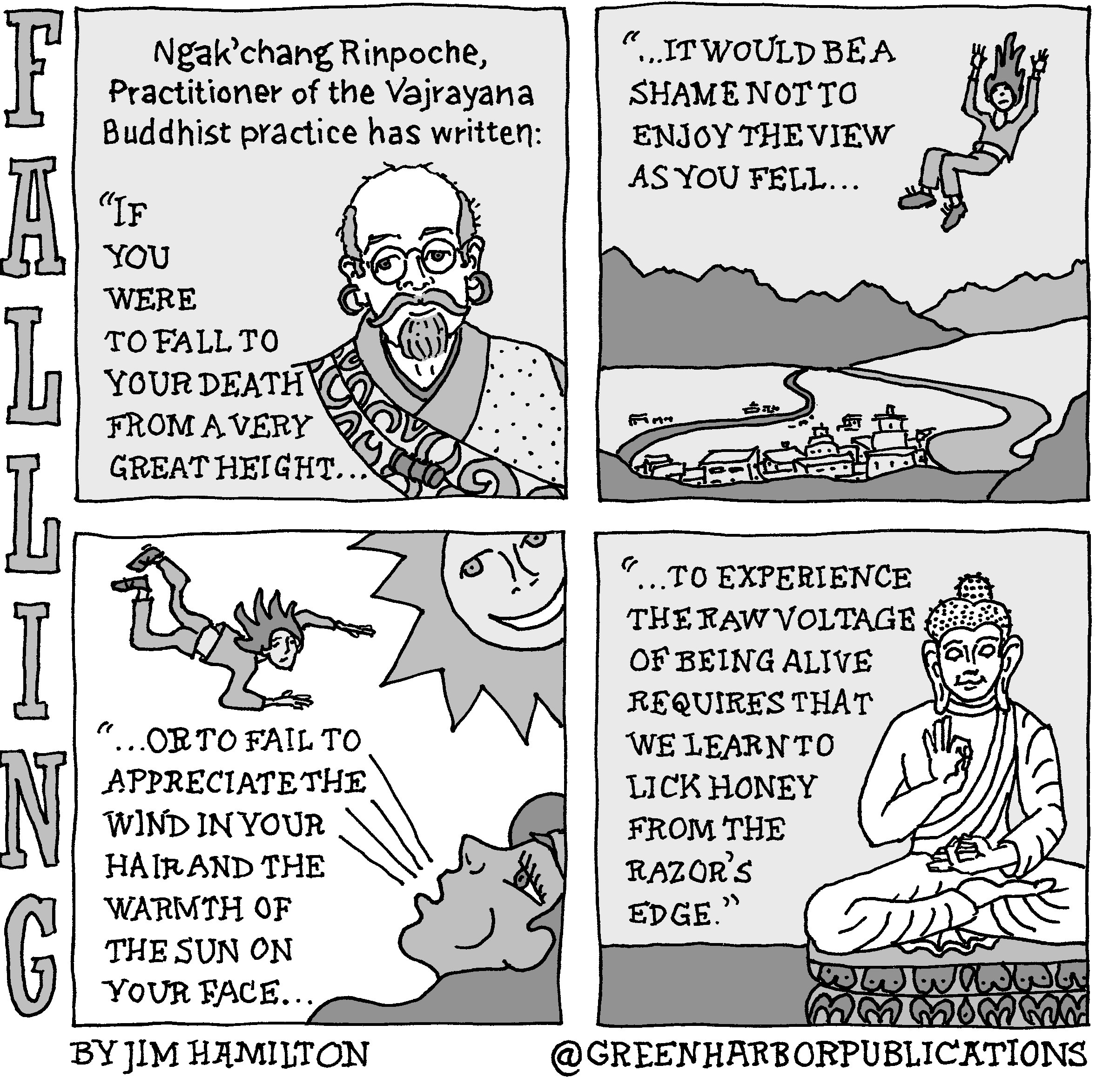 Ngakâ€™chang Rinpoche, Practitioner of the Vajrayana Buddhist practice has written (and this is the full quote): â€œIf you were to fall to your death from a very great height it would be a shame not to enjoy the view as you fell or to fail to appreciate the wind in your hair and the warmth of the sun on your faceâ€
Alongside the first thirteen words of this quote is a drawing of a bald man with a moustache and a goatee. He wears round glasses, hoop earrings, and a robe with intricate patterns on it. He looks very peaceful.
Panel 2:
The illustration in the second panel shows a long-haired person in a long-sleeved shirt, long pants, and dark shoes in mid-air falling feet-first toward a town in a mountainous landscape. A road and a river wind off in the distance.
The following words from the quote appear in this panel: â€œâ€¦it would be a shame not to enjoy the view as you fellâ€¦â€
Panel 3:
The illustration shows the same person falling with their chest down and their arms stretched out. In the upper right corner of the panel is a stylized drawing of the sun. In the lower left corner, a god-like female figure representing the wind blows toward the falling person.
These words from the quote appear in this panel: â€œâ€¦or to fail to appreciate the wind in your hair and the warmth of the sun on your faceâ€¦
Panel 4: 
A drawing of a Buddhist statue sitting on an intricate base appears to the right of the text. The statue is white. The figure is sitting cross-legged with its arms in front of its chest. Its hands are open with the forefinger and thumb touching. It wears a robe that is slung over its left shoulder leaving the right arm and part of the chest exposed. It has long ears and what appears to be hair arranged in a bun on top of tits head. Its eyes are cast downward, and it has a peaceful, smiling expression on its face,
These words from the quote appear in this panel: â€œâ€¦to experience the raw voltage of being alive requires that we learn to lick honey from the razorâ€™s edge.â€
This cartoon is part of a series called Falling. It is written and drawn by Jim Hamilton who can be found on Instagram at Green Harbor Publications (all one word, greenharborpublications).