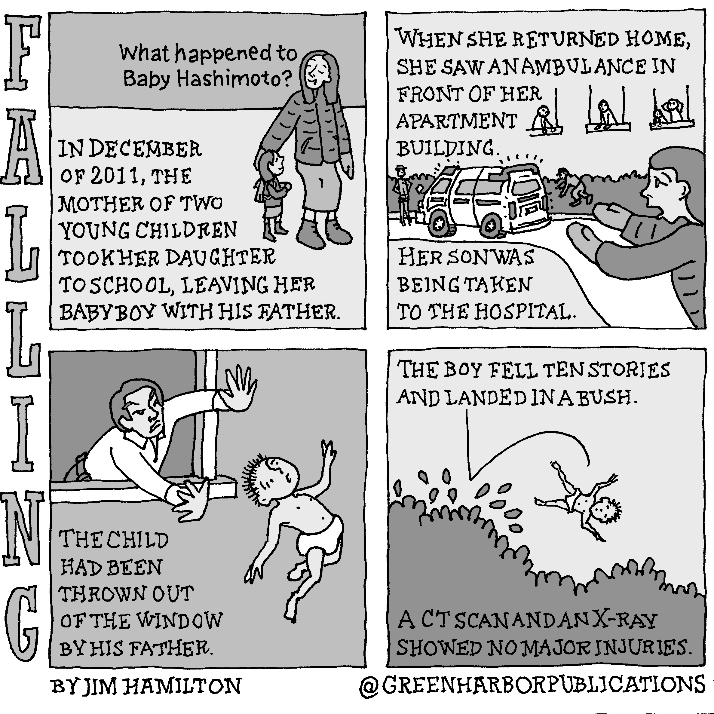 Panel 1:
At the top of the panel on a gray background is the question, â€œWhat happened to Baby Hashimoto?â€ At the right of the panel is an illustration of a young woman with shoulder-length hair. She is wearing a parka, mittens, a skirt, and boots, and stands at the side of a little girl who looks up at her. The girl has on a jacket, skirt, and boots. She wears a small backpack. At the left of the panel is the text, â€œIn December of 2011, the mother of two young children took her daughter to school, leaving her baby boy with his father.â€
Panel 2:
At the top of the panel on a light gray background is the text, â€œWhen she returned home, she saw an ambulance in front of her apartment building.â€ Below this text is a drawing of the young woman racing toward the ambulance. Some people watch the scene unfold from the windows of the apartment building. Near some bushes, an emergency medical technician leans over to look for something.
Panel 3: 
In the upper left corner, an angry-looking man in a long-sleeved white shirt pushes a baby in a diaper out a window. Below him, the text reads, â€œThe child had been thrown out of the window by his father.â€
Panel 4:
At the top of the panel on a light gray background is the text, â€œThe boy fell ten stories and landed in a bush.â€ Below we see a drawing of a boy in a diaper tumbling into and bouncing off of some bushes. Within the dark gray of the bushes is the text, â€œA CT scan and an x-ray showed no major injuries.â€ 
This cartoon is part of a series called Falling. It is written and drawn by Jim Hamilton who can be found on Instagram at Green Harbor Publications (all one word, greenharborpublications).