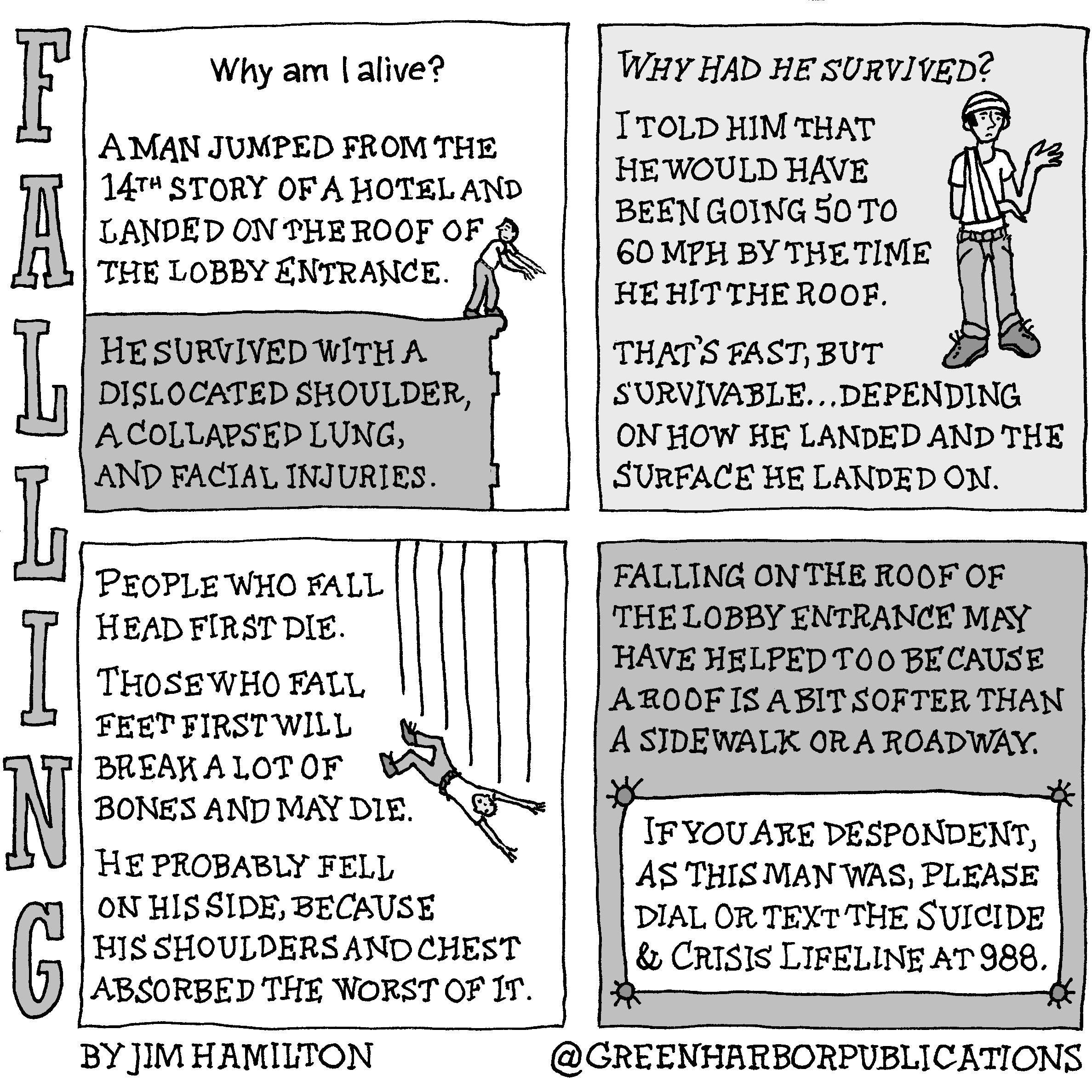 Panel 1:
The question, â€œWhy am I alive?â€ is at the top of the panel. Below, the text reads, â€œA man jumped from the 14th story of a hotel and landed on the roof of the lobby entrance.â€ Directly below this text, there is a small drawing of man standing on top of a building that is shown here as a gray silhouette with a black outline. The man stands at the edge of the flat rooftop looking over his shoulder. It appears that he intends to jump. Below him, the text reads, â€œHe survived with a dislocated shoulder, a collapsed lung, and facial injuries.
Panel 2:
In italics on a light gray background is the question, â€œWhy had he survived?â€ The text continues, â€œI told him that he would have been going 50 to 60 miles per hour by the time he hit the roof. Thatâ€™s fast, but survivableâ€¦depending on how he landed and the surface he landed on.â€ To the right of the text is a figure with a bandaged head and his right arm in a sling. He is wearing a white t-shirt, jeans, and dark shoes. He holds his left hand up as if questioning why he had survived.
Panel 3:
The text at the left of the panel reads, â€œPeople who fall head first die. Those who fall feet first will break a lot of bones and may die. He probably fell on his side because his shoulders and chest absorbed the worst of it.â€ At the left of the panel we see a figure falling through the air. His legs are higher than his head and his arms are outstretched as he falls.
Panel 4: 
On a gray background, the text reads, â€œFallin on the roof of the lobby entrance may have helped too because a roof is a bit softer than a sidewalk or a roadway.â€ Below this text in a white box with star shapes at the corner is more text, which reads, â€œIf you are despondent, as this man was, please dial or text the Suicide & Crisis Lifeline at 988.â€
This cartoon is part of a series called Falling. It is written and drawn by Jim Hamilton who can be found on Instagram at Green Harbor Publications (all one word, greenharborpublications).